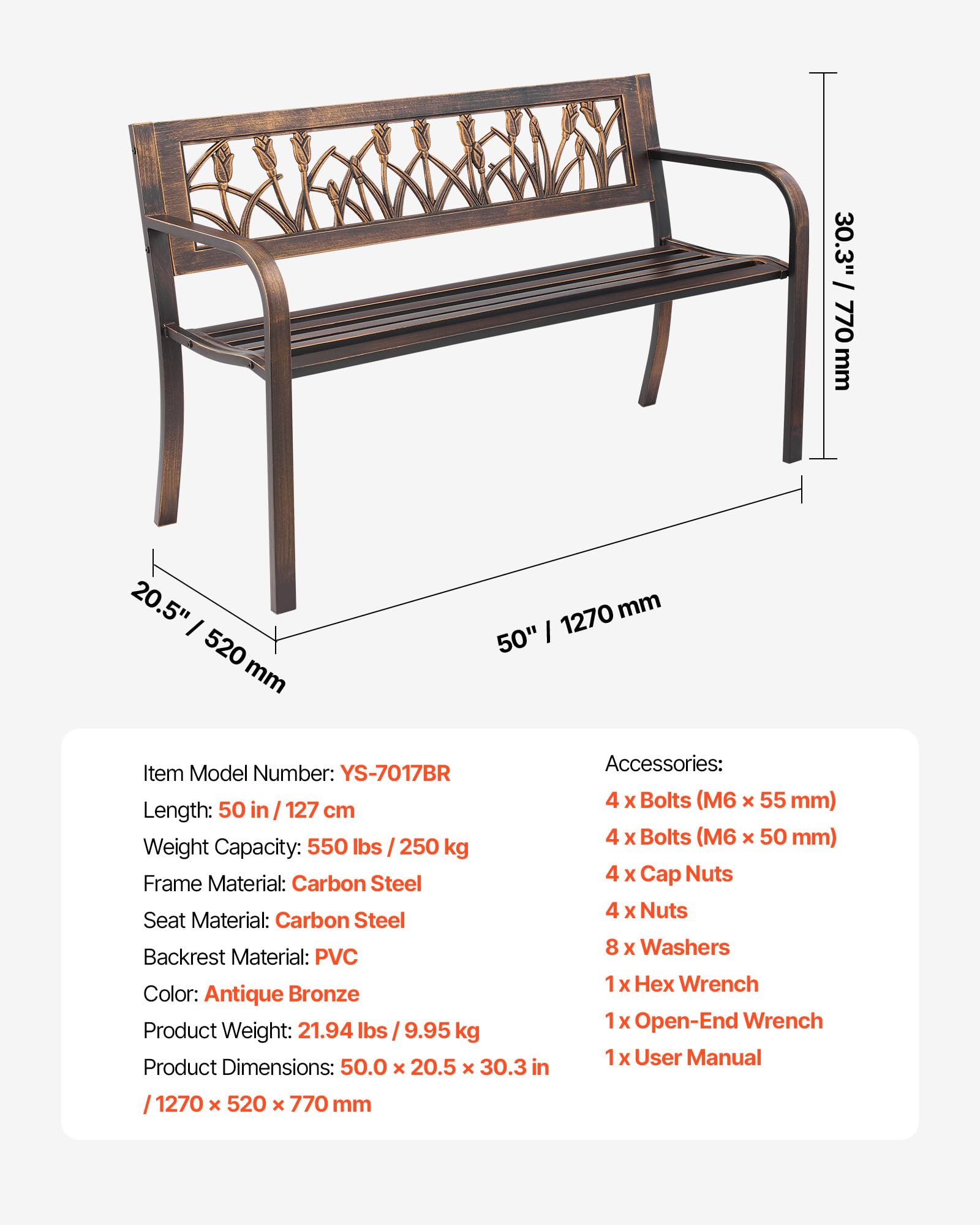 VEVOR Banco de Jardín de Metal 127 cm con Estructura de Acero al Carbono, Respaldo de PVC con Estampado Floral, Reposabrazos, Banco para Exterior, Ideal para Patio, Parque, Color Bronce Antiguo