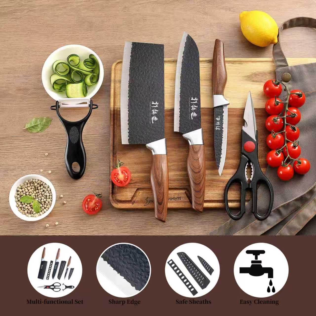 5 PCS kitchen Chef Knife Set, include 7 inch cleaver, 7 inch Santoku, 4.5 inch utility knife, Kitchen Scissors and Peeler — Amazon image 3