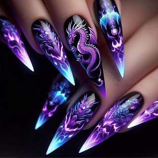 TBRZTR Medium Almond Shaped Gradient Glue on Nails - Dragon Pattern Acrylic False Nails, 24 Pcs Coffin Set Reusable Stick on Nails