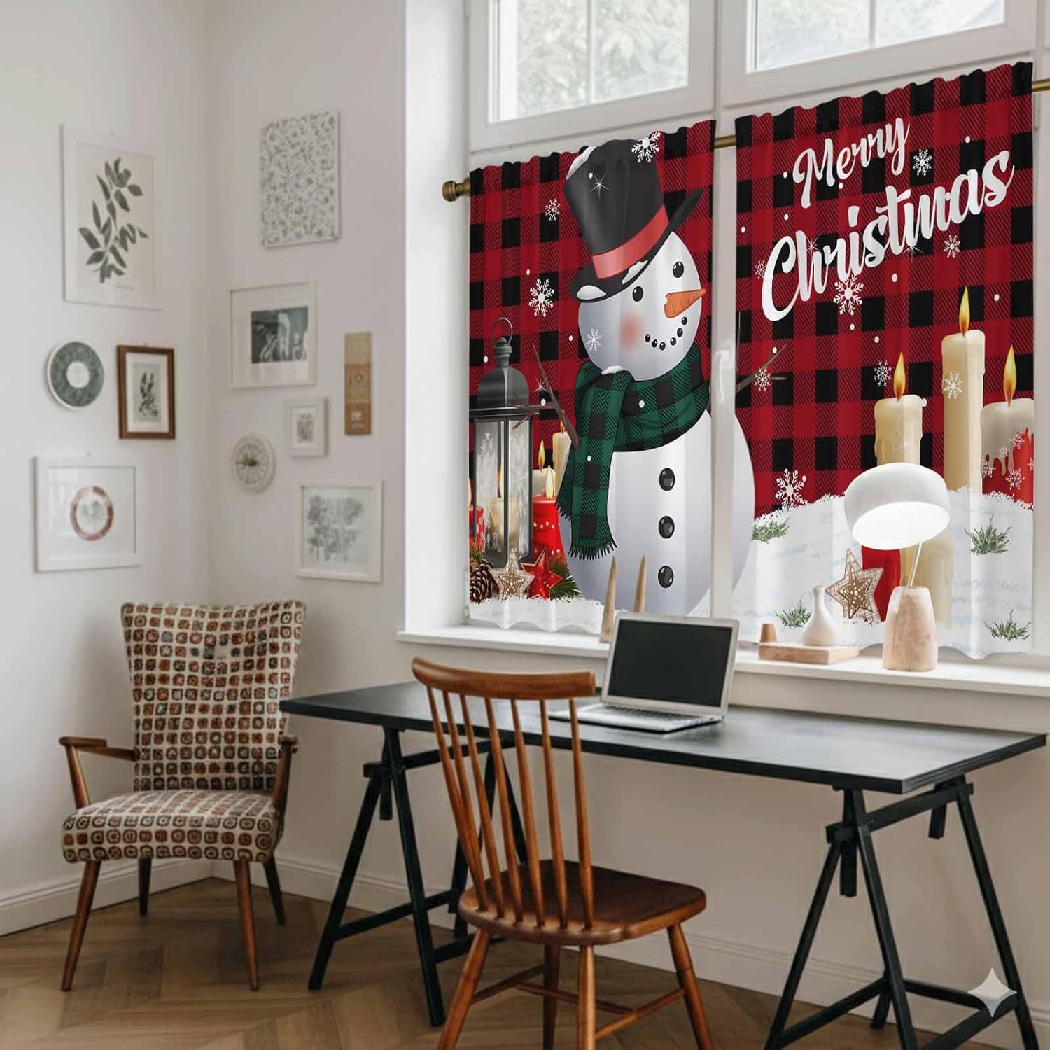 Red Black Plaid Christmas Kitchen Curtains 45 Inch Long 2 Panel Set, Rod Pocket Window Treatment, Xmas Snowman Snowflake Candle Light Filtering Short Curtains & Drapes for Bathroom Laundry 52"W x 45"L
