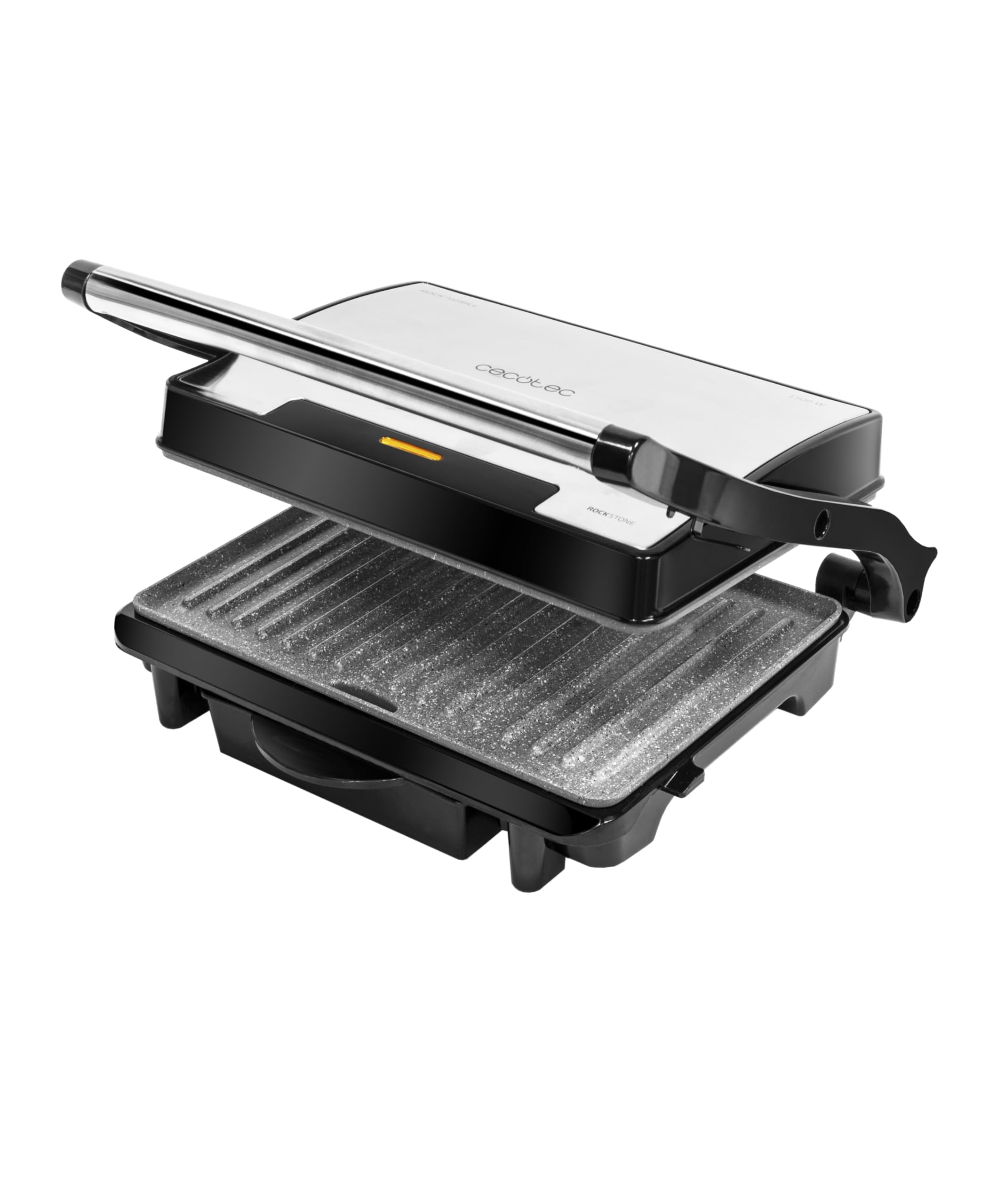 Cecotec Griglia Elettrica Piastra e Tostapane Rock'nGrill Rapid. 1500W, Superficie 24,5 x 17,3 cm, Rivestimento RockStone, Piastra Superiore Adattabile, Vassoio Raccogligocce