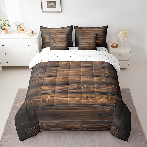 jejeloiu Vintage Wood Comforter Set 7 Pieces Full Size Barn Wooden Board Farmhou