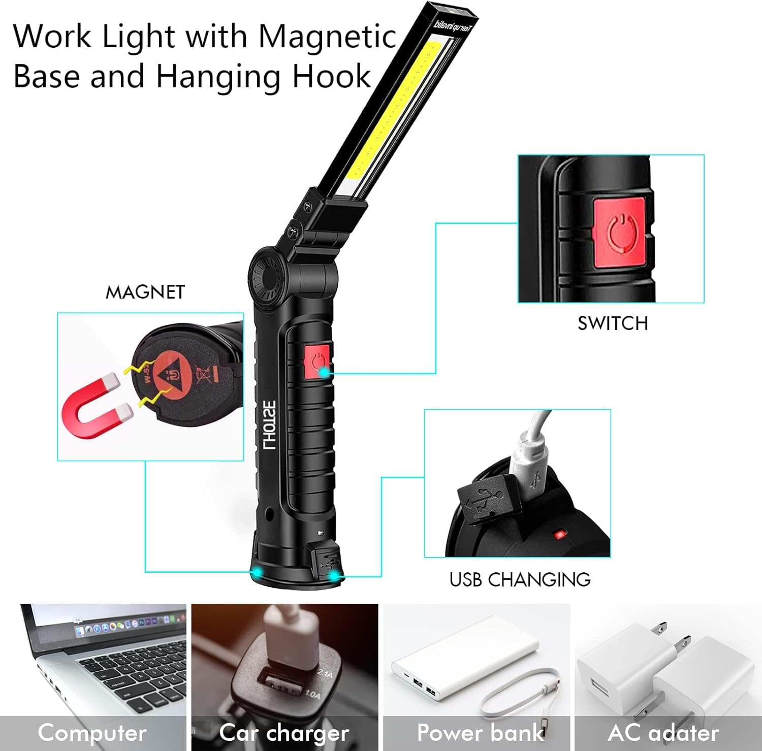 Luci da lavoro ricaricabili, luce da lavoro a LED con base magnetica e gancio per appenderlo, rotazione a 360°, 5 modalità, torce magnetiche ricaricabili per meccanica, riparazione auto, casa, garage