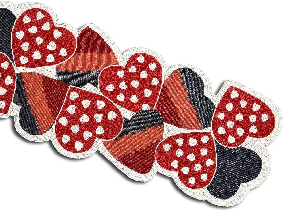 Valentine's Day Table Runner, Handmade Beaded Table Runner, Hearts Design Table Topper 13X36 Inch