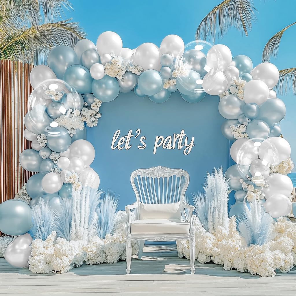 Pearl Blue White Balloon Garland Double Stuffed Baby Blue White Balloon Arch Kit Different Sizes With Clear Bobo Balloon for Birthday Baby Shower Anniversary Wedding Party decor