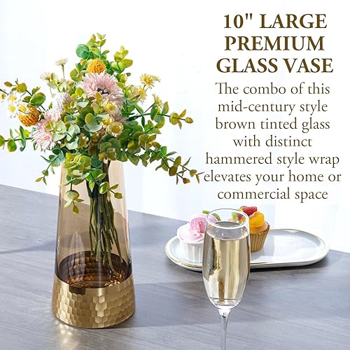 Miniatura 2 de MyGift Florero de cristal ámbar de 9.5 pulgadas con fondo dorado, centro de mesa moderno de mediados de siglo, decoración del hogar, regalo