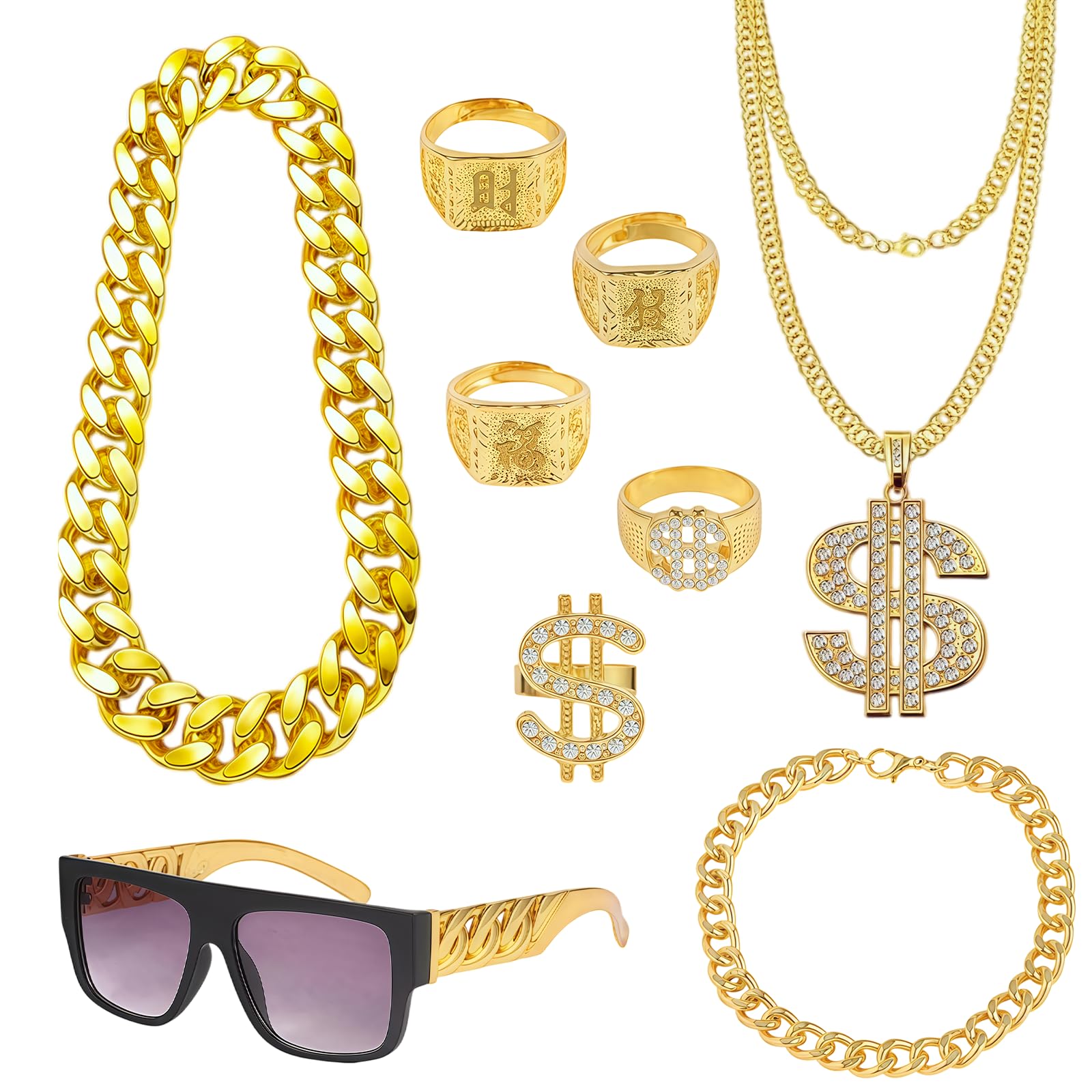 BORISCA 9 Pcs Hip Hop Costume Accessories Set for Hippie Rapper Disco