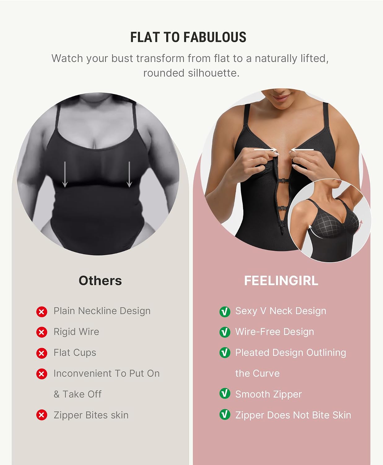 FeelinGirl Shapewear Bodysuit Tummy Control for Women Zip-Up Shapewear Thong Waist V Neck Body Shaper Going Out
