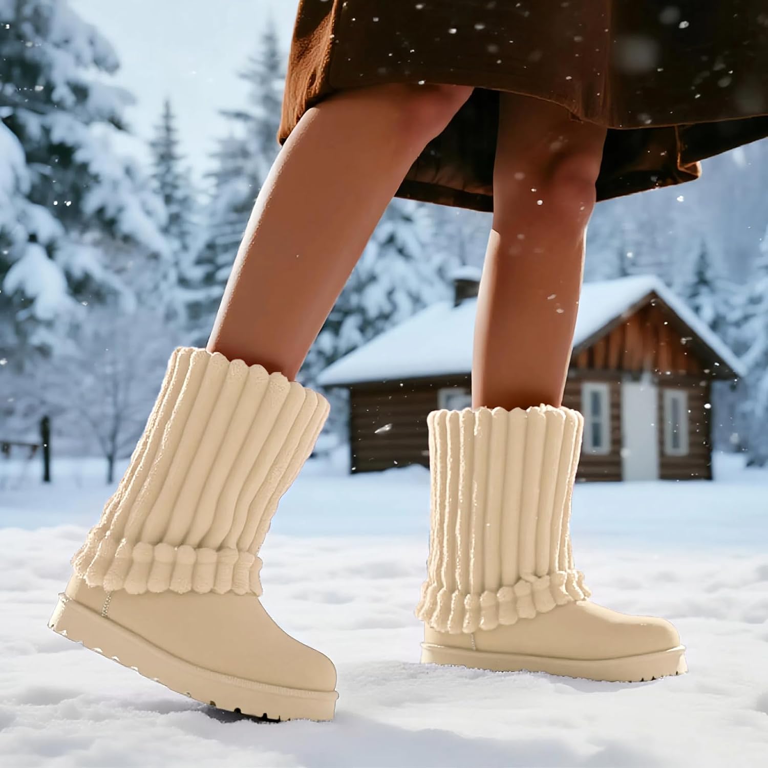 Women's Platform Suede Ankle Snow Boots Knee-High Winter Warm Fur Lined Anti-Slip Pull On Cuff Boots - Image 3