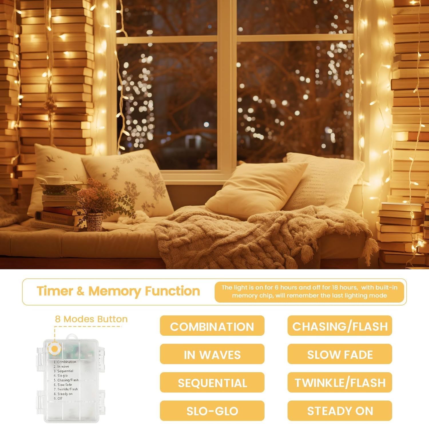 Lot de 4 guirlandes lumineuses à piles avec minuterie, 200 LED, étanches, 8 modes, pour fête intérieure et extérieure, chambre à coucher, guirlande d'arbre, décorations de Noël (blanc chaud)