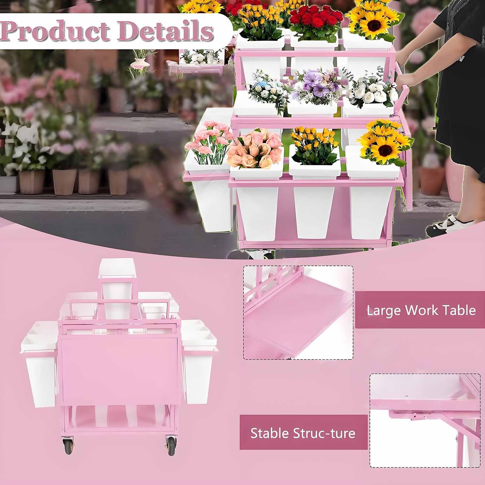 Este Soporte metálico para exhibición de Flores al Aire Libre con Soporte para Flores con 18 Cubos, Soporte para exhibición de Flores con Ruedas, Carrito de Flores para floristería, Patio y