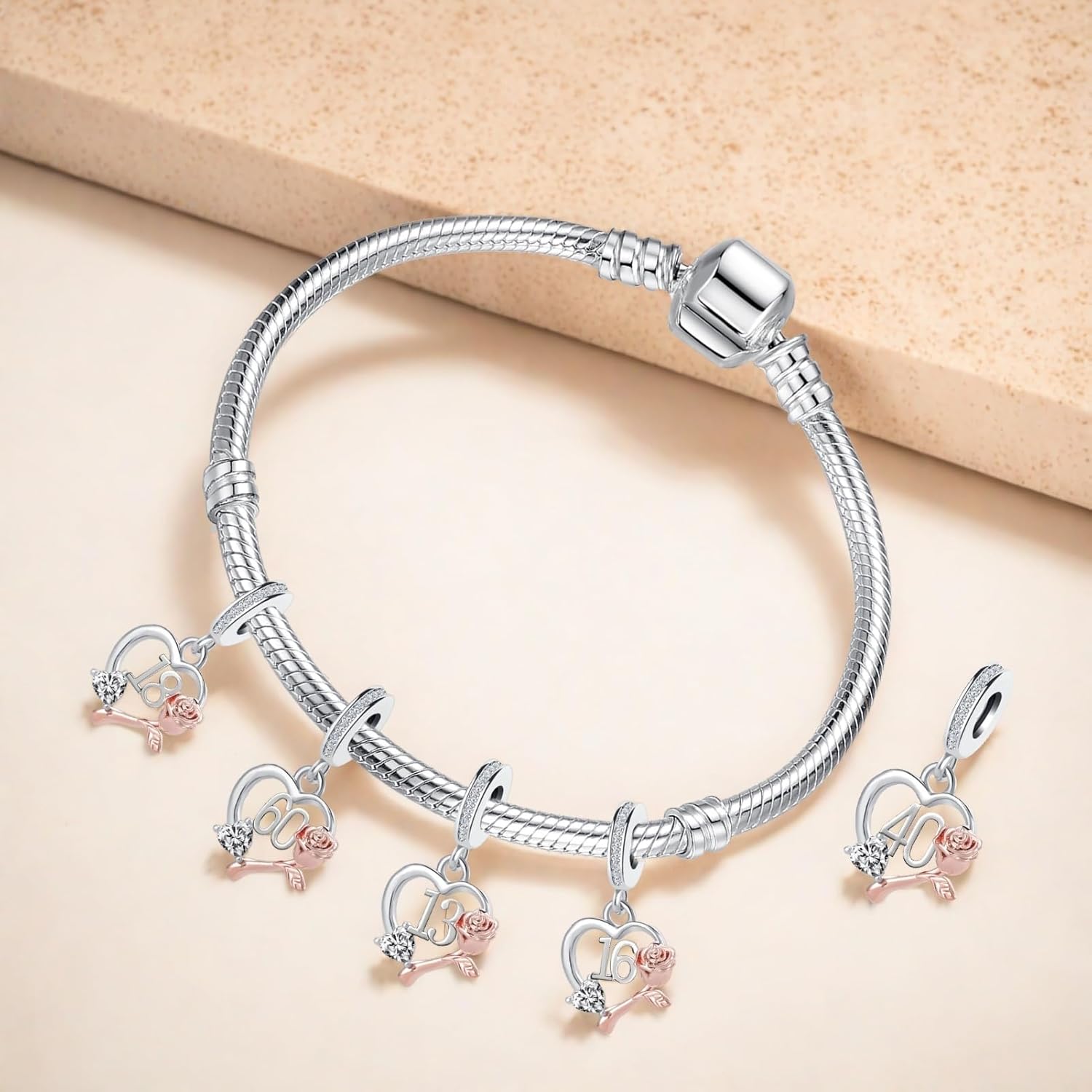 Birthday Number 13th 16th 18th 21st 30th 40th 50th 60th Heart Dangle Charm Compatible with Pandora Bracelet - Image 3