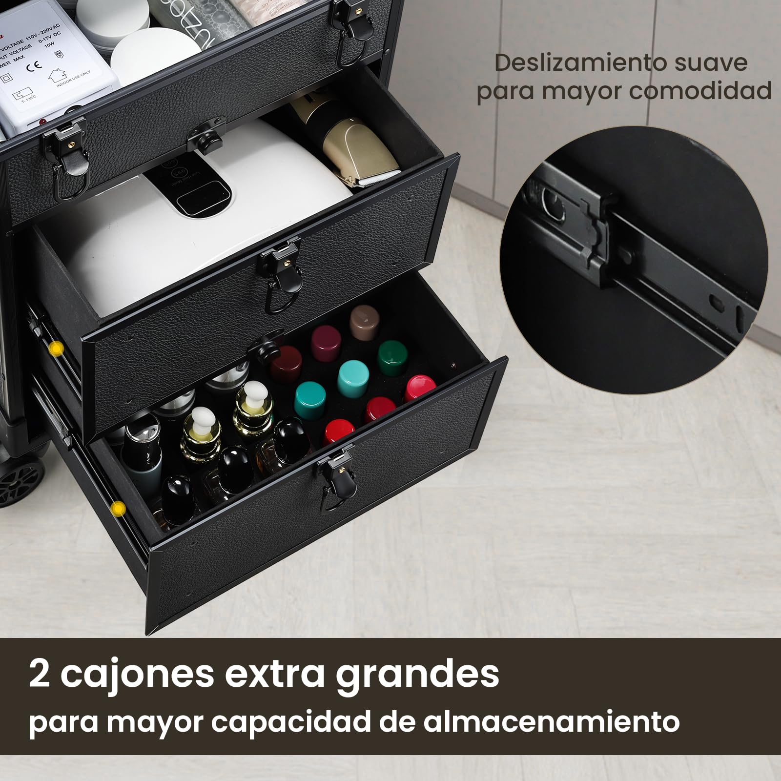 Maleta de Maquillaje, Maletín de Manicuría y Peluquería con Ruedas 360°, Mango Telescópico, 2 Bandejas y 2 Cajones, Impermeable, Negro