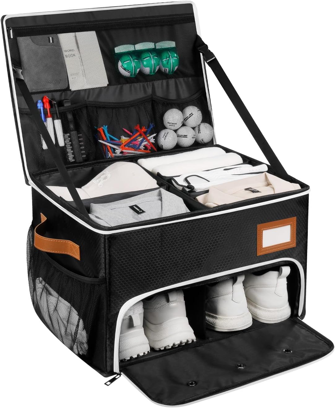 2 Layer Golf Trunk Organizer, Golf Organizer with 2 Pairs Shoes Compartment, Golf Storage Waterproof Car Trunk Locker for Balls, Caps, Clothes, Gloves, Accessories, Gifts for Golfers