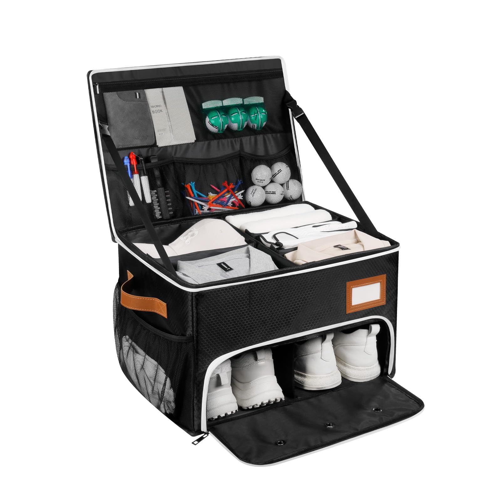 2 Layer Golf Trunk Organizer, Golf Organizer with 2 Pairs Shoes Compartment, Golf Storage Waterproof Car Trunk Locker for Balls, Caps, Clothes, Gloves, Accessories, Gifts for Golfers