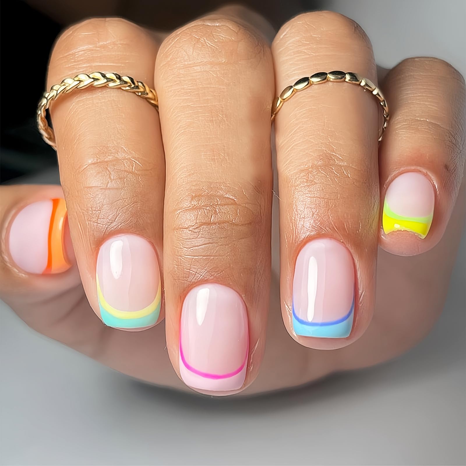 Rainbow French Nail Tips for Women Girls Press on Nails Acrylic Fake Nails with Design Medium Square Oval False Nails with Nail Glue Adhesive Tabs