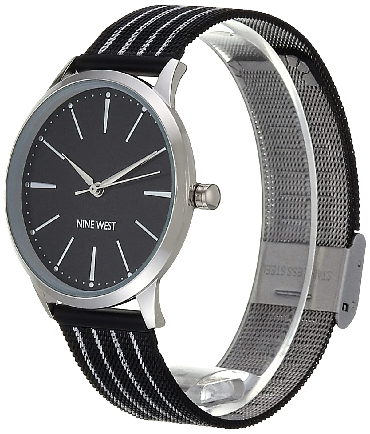 Nine West Damski zegarek z siateczką, czarny/srebrny, pasek