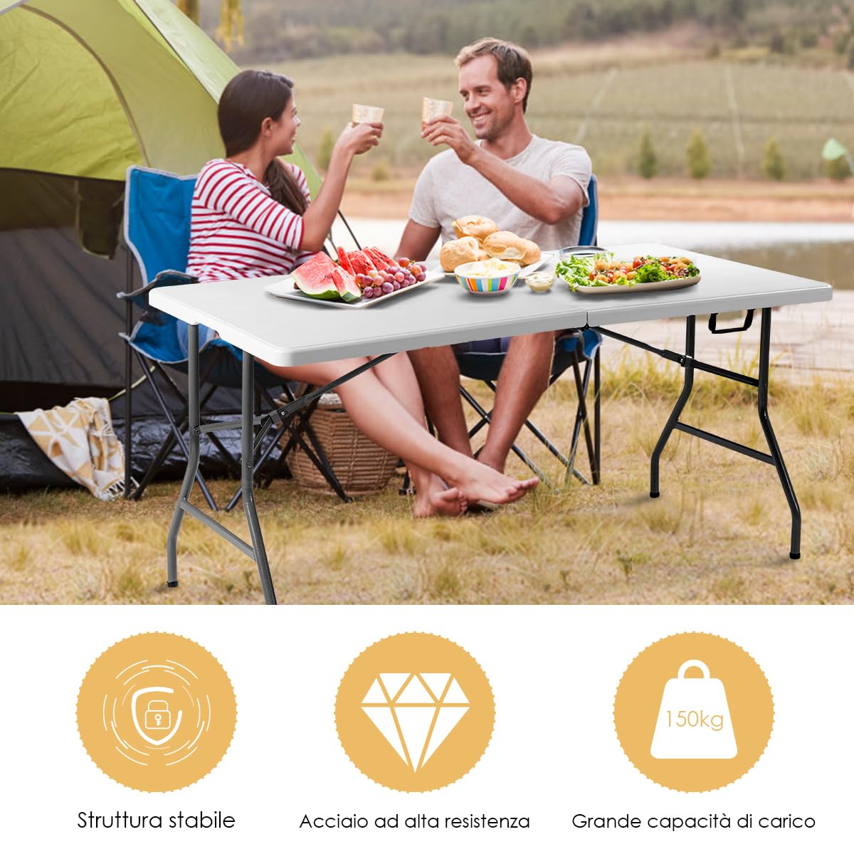RELAX4LIFE Tavolo Pieghevole per Campeggio, Tavolino Richiudibile 153 x 74 x 74 cm con Maniglia, Portata 150 kg, per Esterno Picnic Barbecue Giardino Cucina