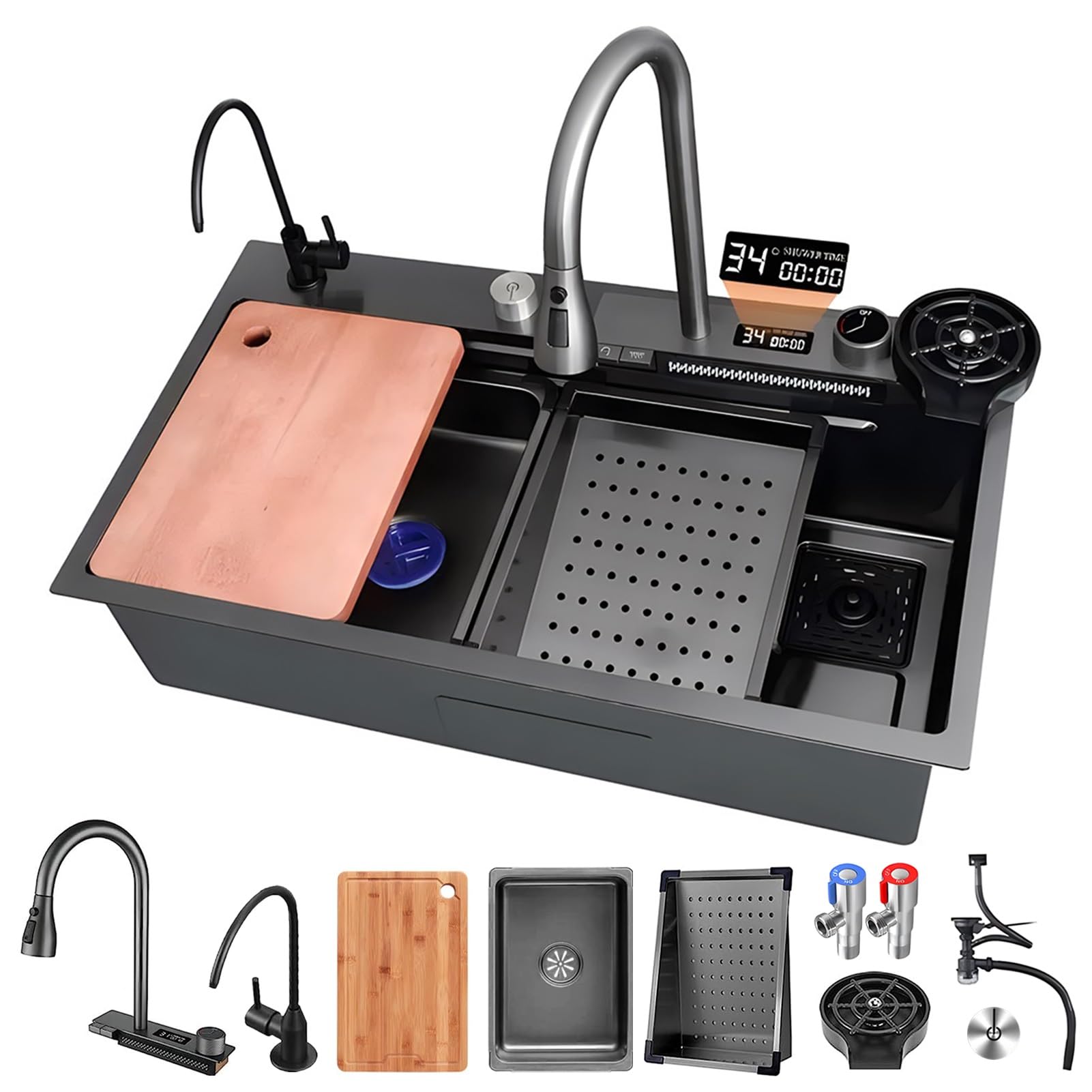 ZQFHSX Large Waterfall Kitchen Sink, Multifunctional Bar Sink With Pull Out Faucet, Cup Washer & Drain Kits, Stainless Steel Farmhouse Single Bowl Drop In Workstation Sink(B,80x45x21cm)