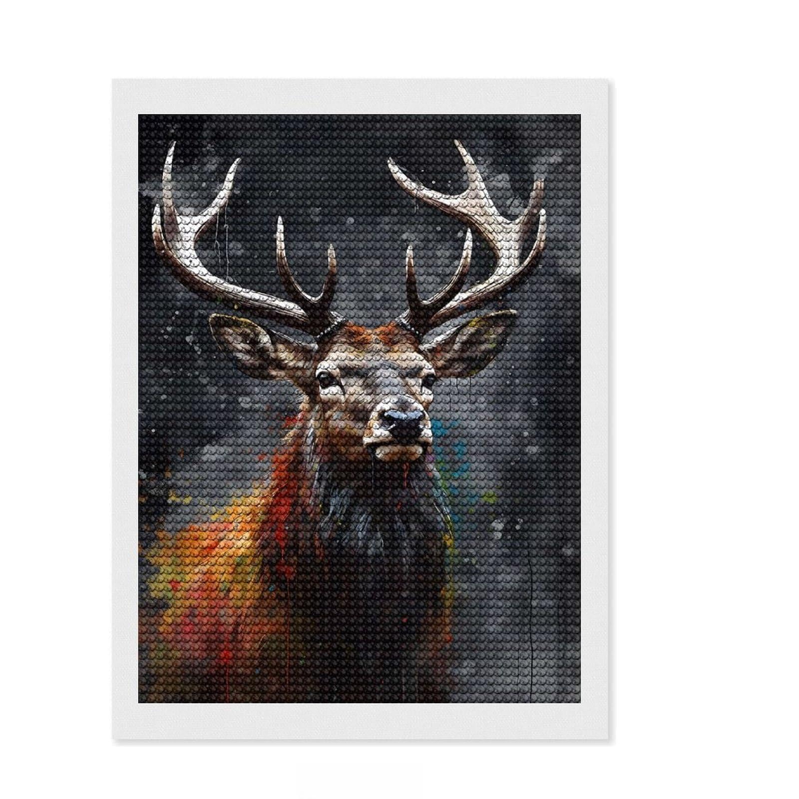 Junmoney Deer Oil Paint Portrait 5D Diamond Painting Kit 12"x16", Adhesive Canvas, Stress Relief Craft, Creative Gift Idea, Farmhouse Decor