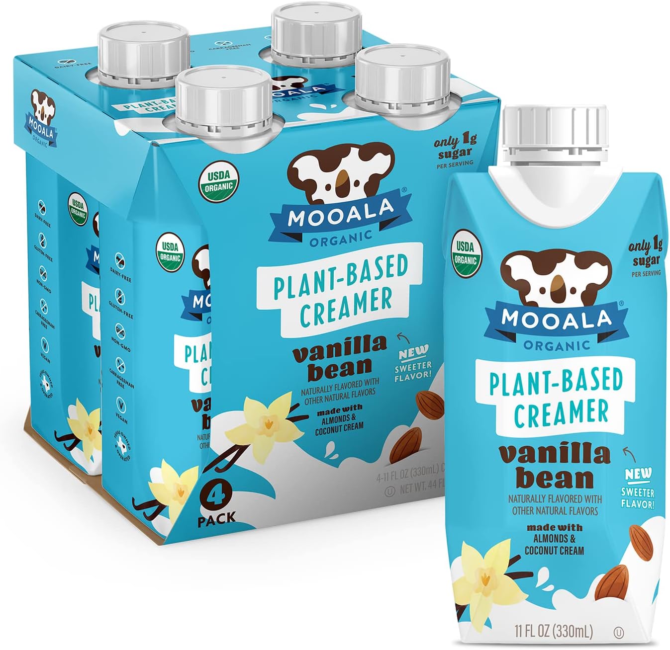 Mooala – Organic Vanilla Bean Plant-Based Creamer - Shelf-Stable, Gluten-Free, Soy-Free, Vegan & Non-Dairy Creamer – 11 oz. (Pack of 4)