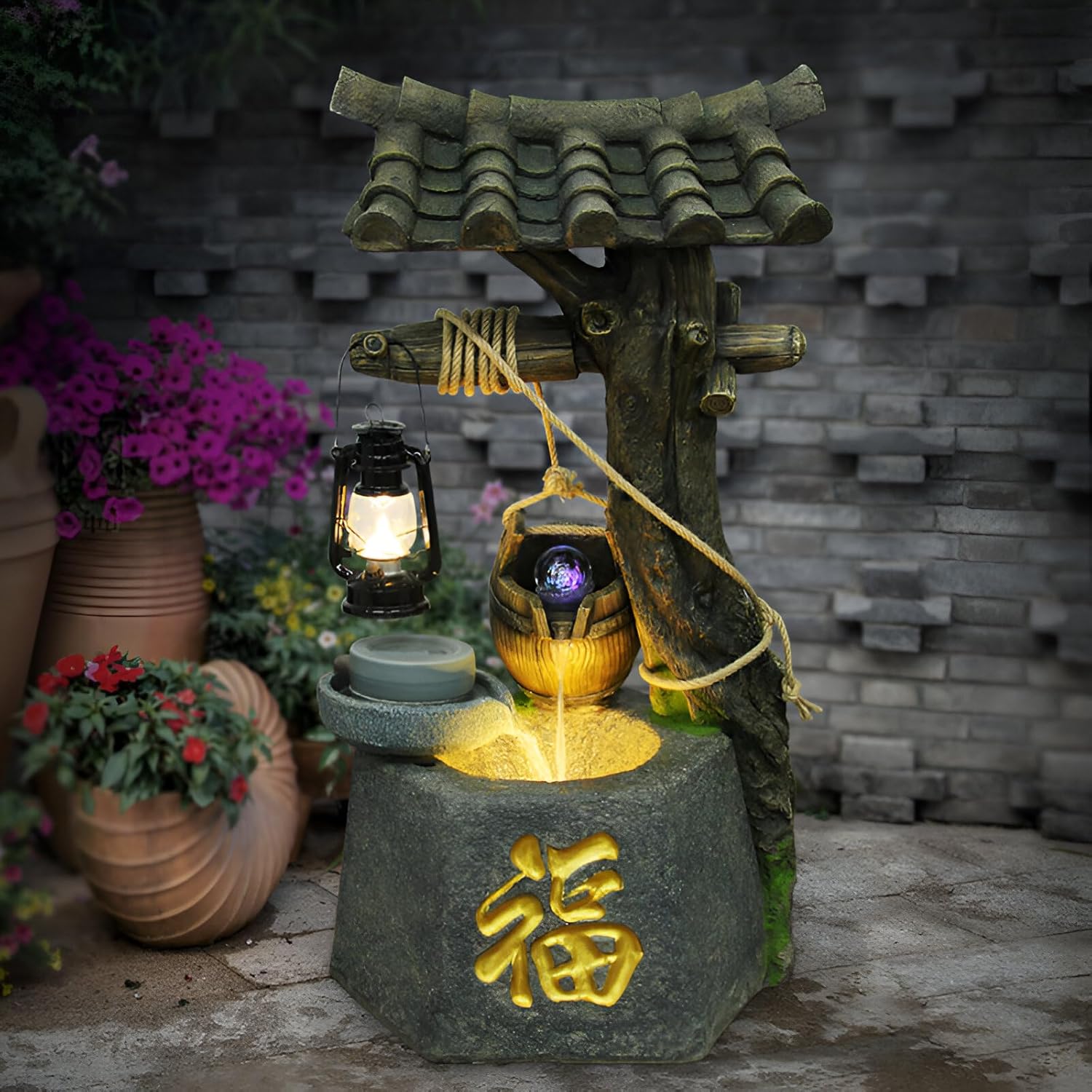 45.3 Inch-Large Floor Fountain-with Neon&Stone Grinding&Vintage Rustic Fountain-Applicable to Indoor and Outdoor Decoration,Rustic Landscape-Delivered to Your Door+30 Free Crystals