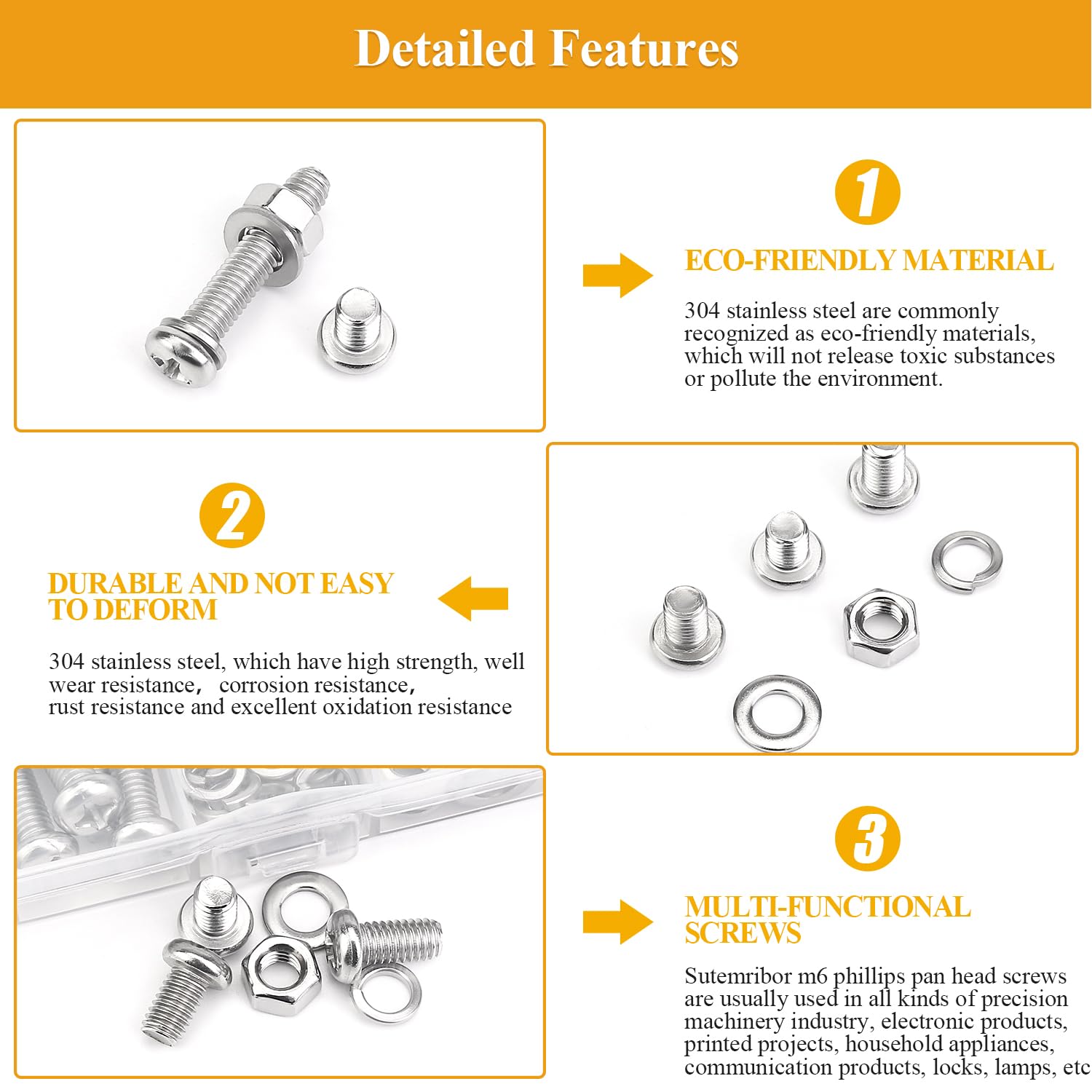 172 Pieces M6 Machine Screws Nuts Washers Set, Sutemribor M6 x 8/10/12/16/20/25/30mm Phillips Pan Head Machine Screws Nuts Washers Assortment Kit, 304 Stainless Steel, Fully Threaded
