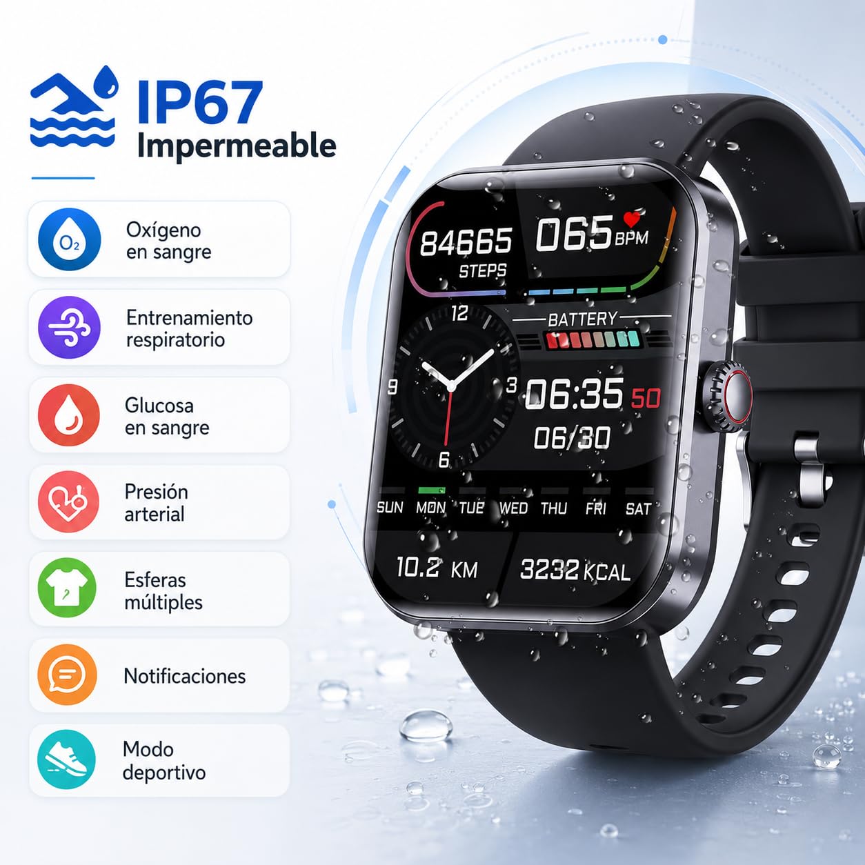 Cozey Maison GLUCOWATCH Reloj Inteligente Deportivo Monitor Salud Pasos Sueño Llamadas Bluetooth Pantalla Táctil Modos Deportivos para Uso Diario Y Actividades Al Aire Libre (Negro)