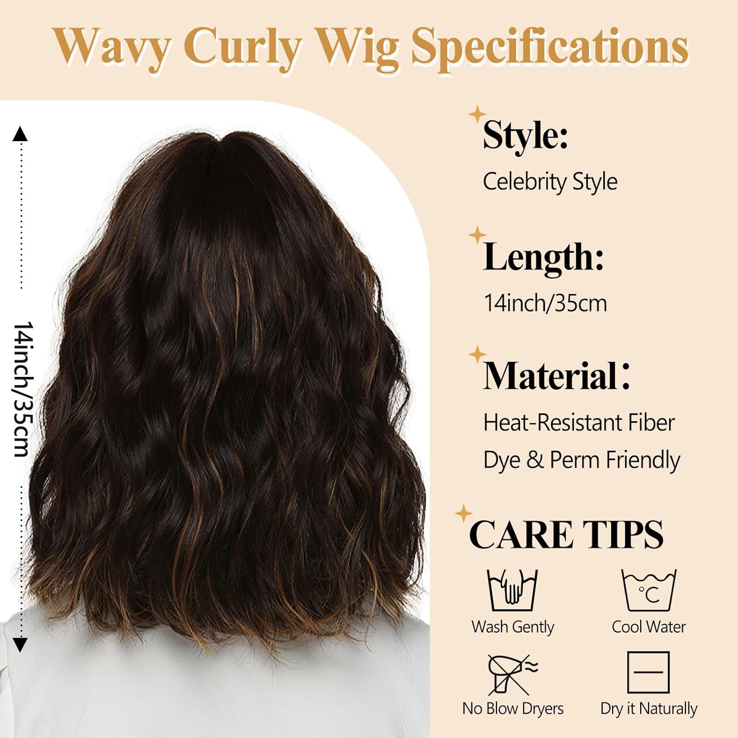 Natural Wavy Bob Wig 14 Inch Wave Curly Hairstyle Air Bangs Short Wavy Synthetic Wigs for Women Girl Daily Party Use Deep Brown