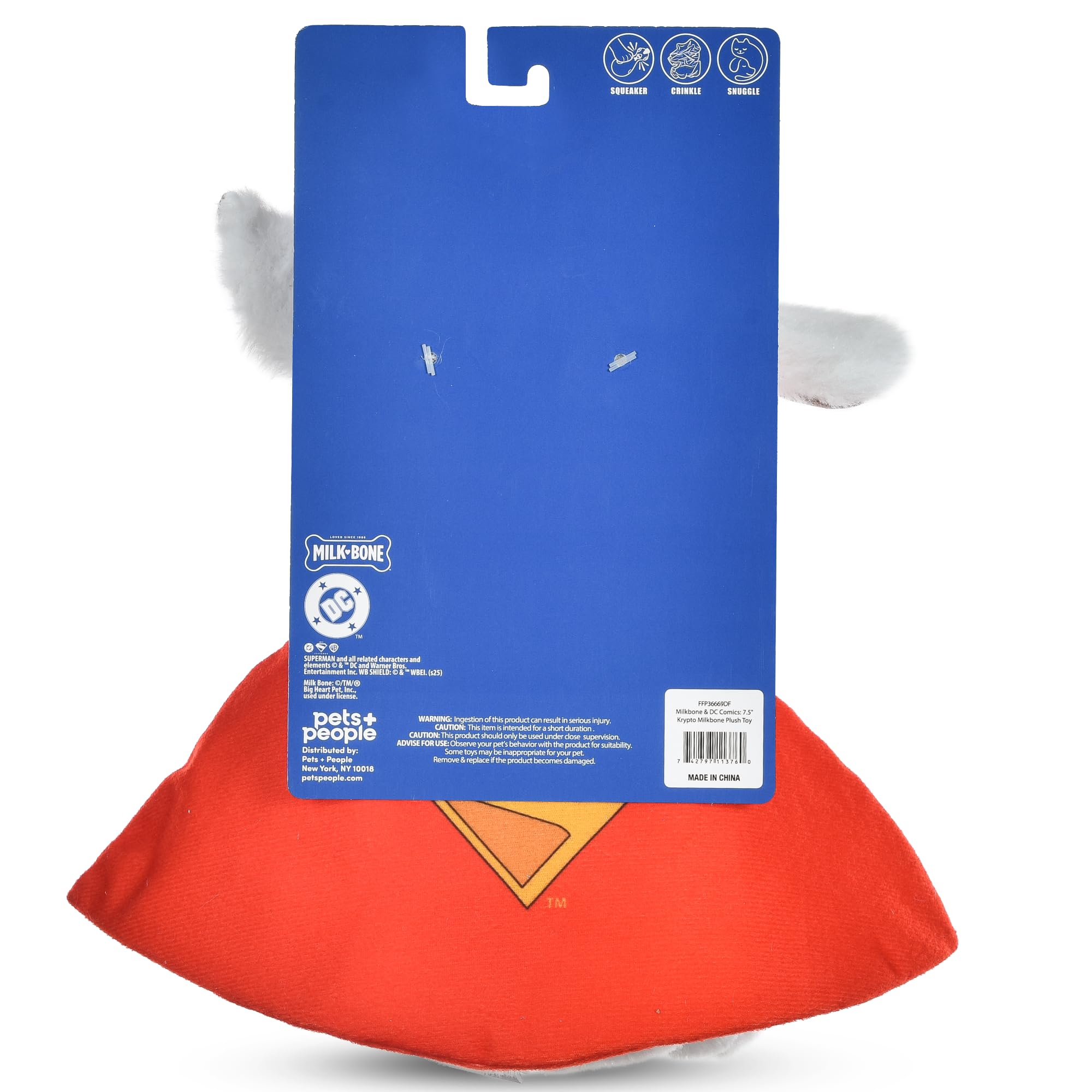 DC Comics Superman Krypto The Superdog Plüsch-Hundespielzeug – weiches quietschendes Hundespielzeug mit Knistergeräuschen, Umhang & Milchknochen-Leckerli-Design, 19,1 cm