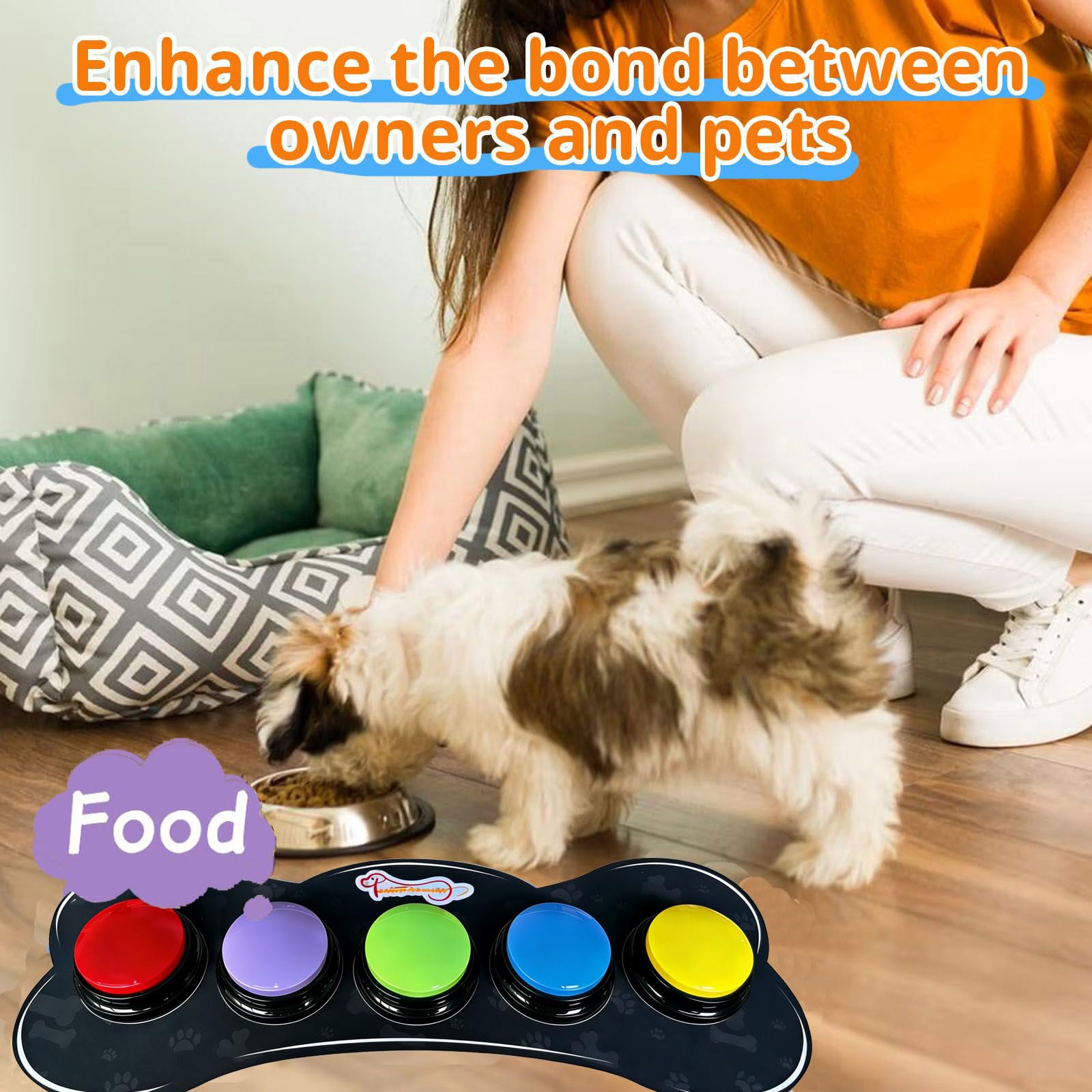 Satz von 5-Farben-Hunde Button mit Gummimatte für Kommunikation, Hund sprechende Tasten mit 50-Aufklebern, Haustier-Tasten, trainieren Sie Ihren Hund, um zu Sagen