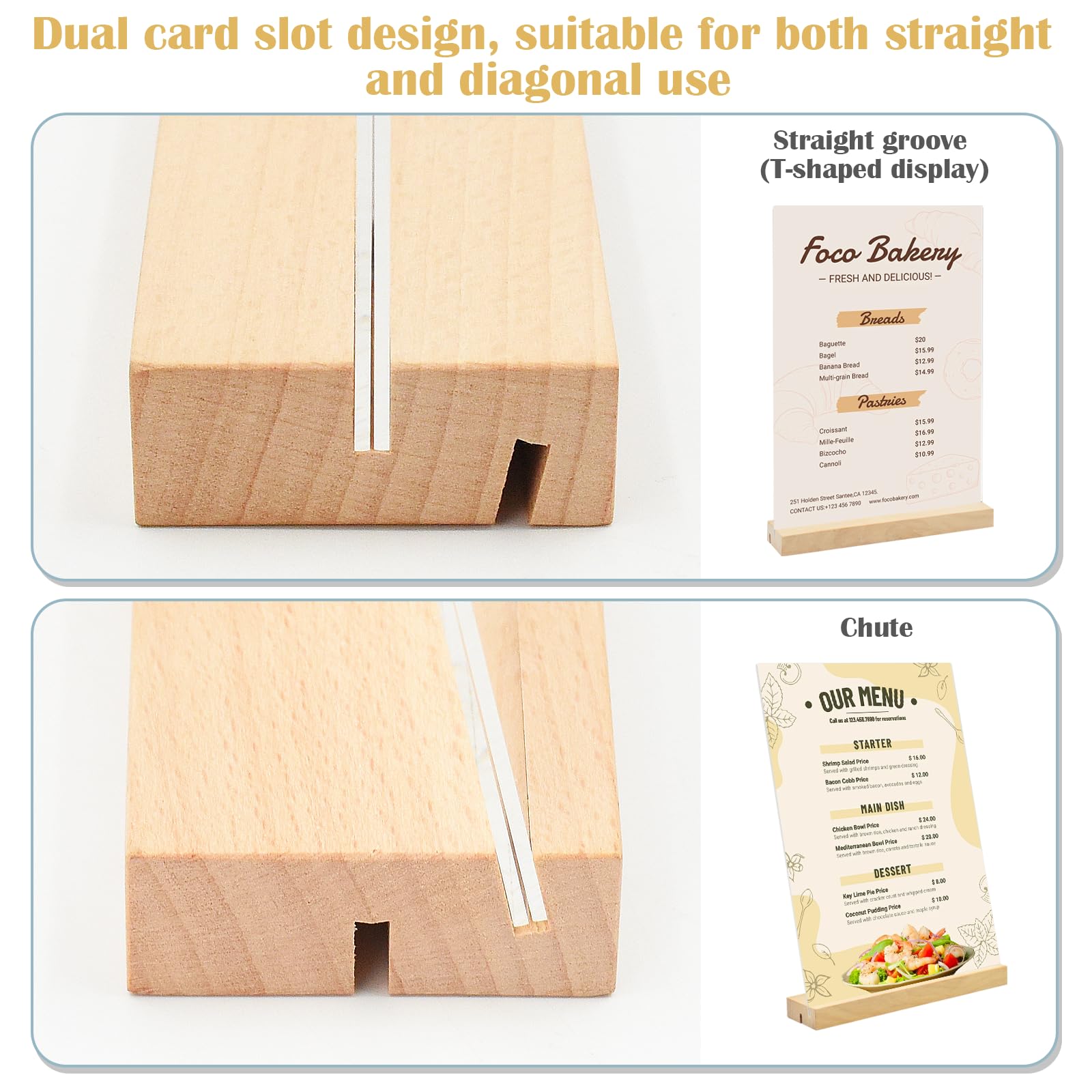 Lot de 6 Présentoir A5 (14,8 x 21 cm) en acrylique avec base en bois, porte affiche A5, porte menu pour tables, double face pour menus, affiches, mariage, restauran