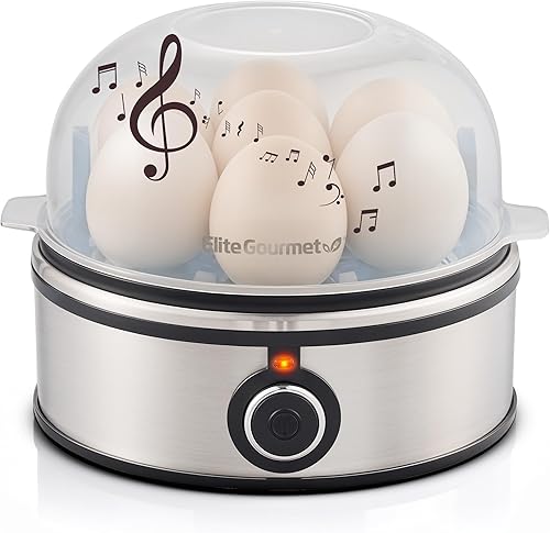 Elite Gourmet EGC855SS Easy Egg Cooker, 7-Egg Capacity, Soft, Medium, Hard-Boiled, Omelets, Poached Eggs, Plays Melody when Done, Auto Shut-Off, Measuring Cup, Stainless Steel