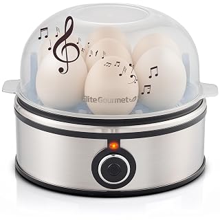 Elite Gourmet EGC855SS Easy Egg Cooker, 7-Egg Capacity, Soft, Medium, Hard-Boiled, Omelets, Poached Eggs, Plays Melody when Done, Auto Shut-Off, Measuring Cup, Stainless Steel - Amazon product rated Grade A