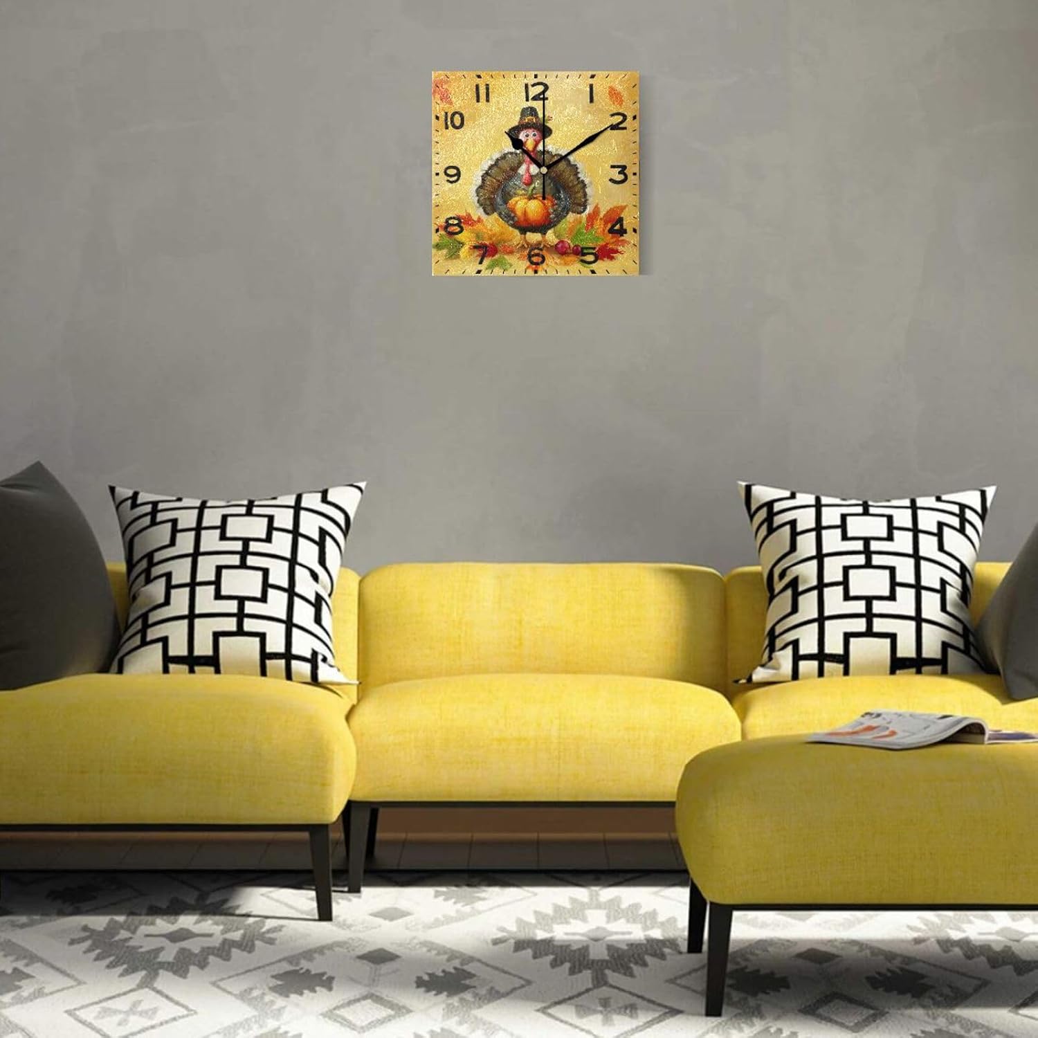 Naanle Stylish Thanksgiving Decor Turkey with Maple Leaves Print Square Wall Clock, 8 Inch Battery Operated Quartz Analog Quiet Desk Clock for Home,Office,School