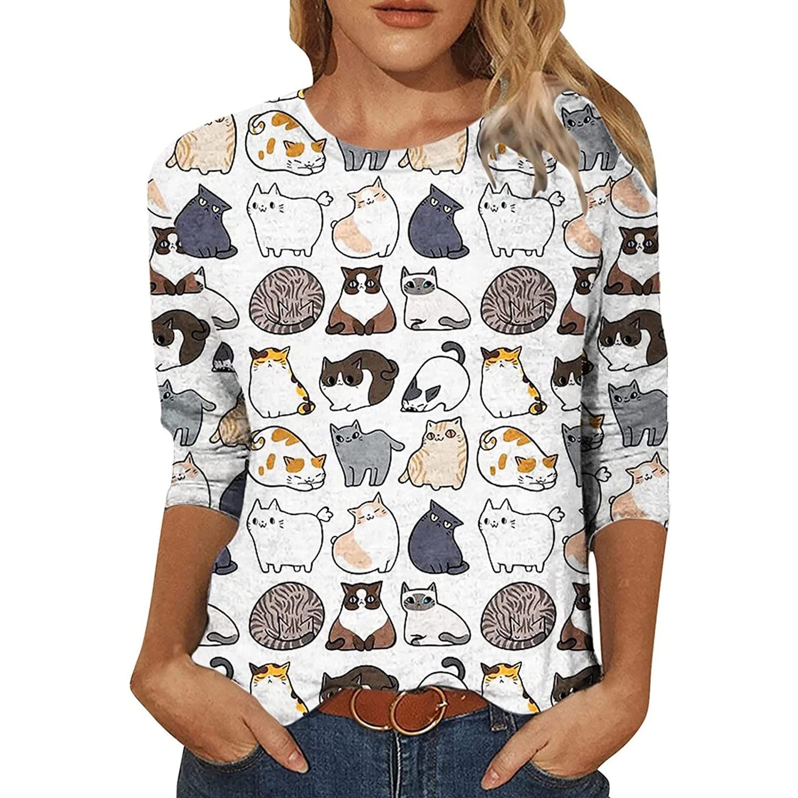 Amazon.com: Summer Womens Crew Neck Cute Cat Printed Fit T Shirts Top  Casual Soft Comfy Tunic Shirts Tee Blouse Tops Womens (2-White, XL) :  Clothing, Shoes u0026 Jewelry