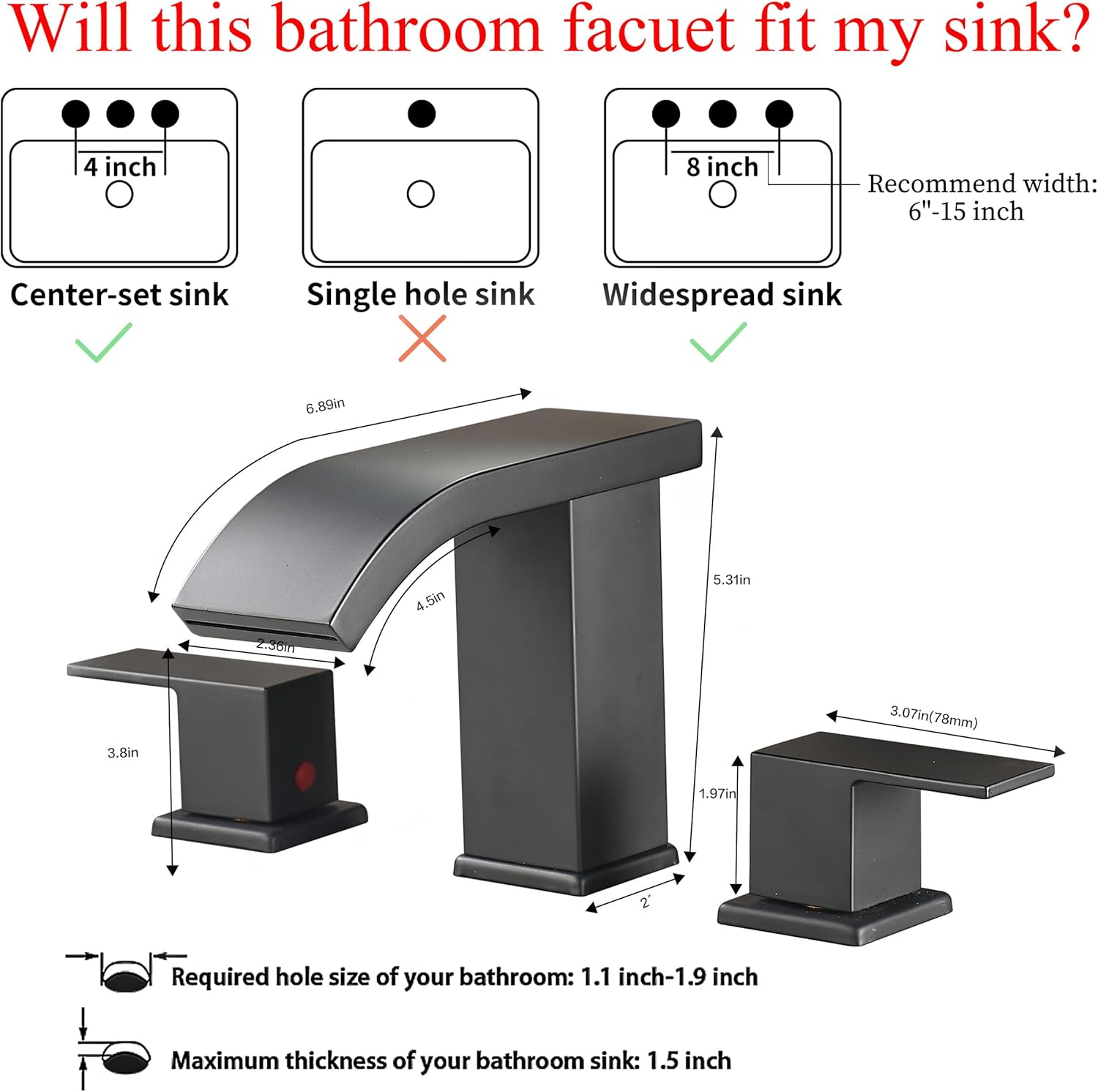Bathroom faucets 3 Hole Widespread Modern Bathroom Sink Faucet 8 inch Matte Black Bathroom 3 Hole LED Light Waterfall Vanity Faucet Sink with Pop Up Drain (Matte Black)
