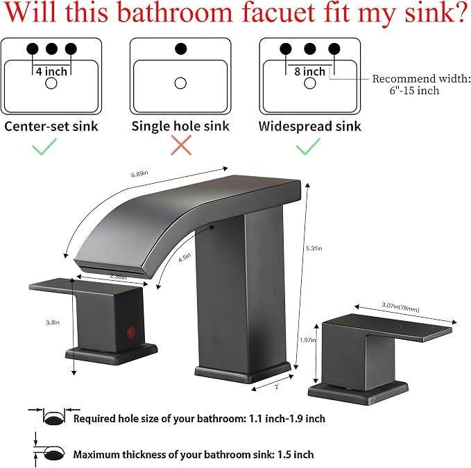 Grifería de baño 3 huecos 8 pulgadas negro mate miniatura 3