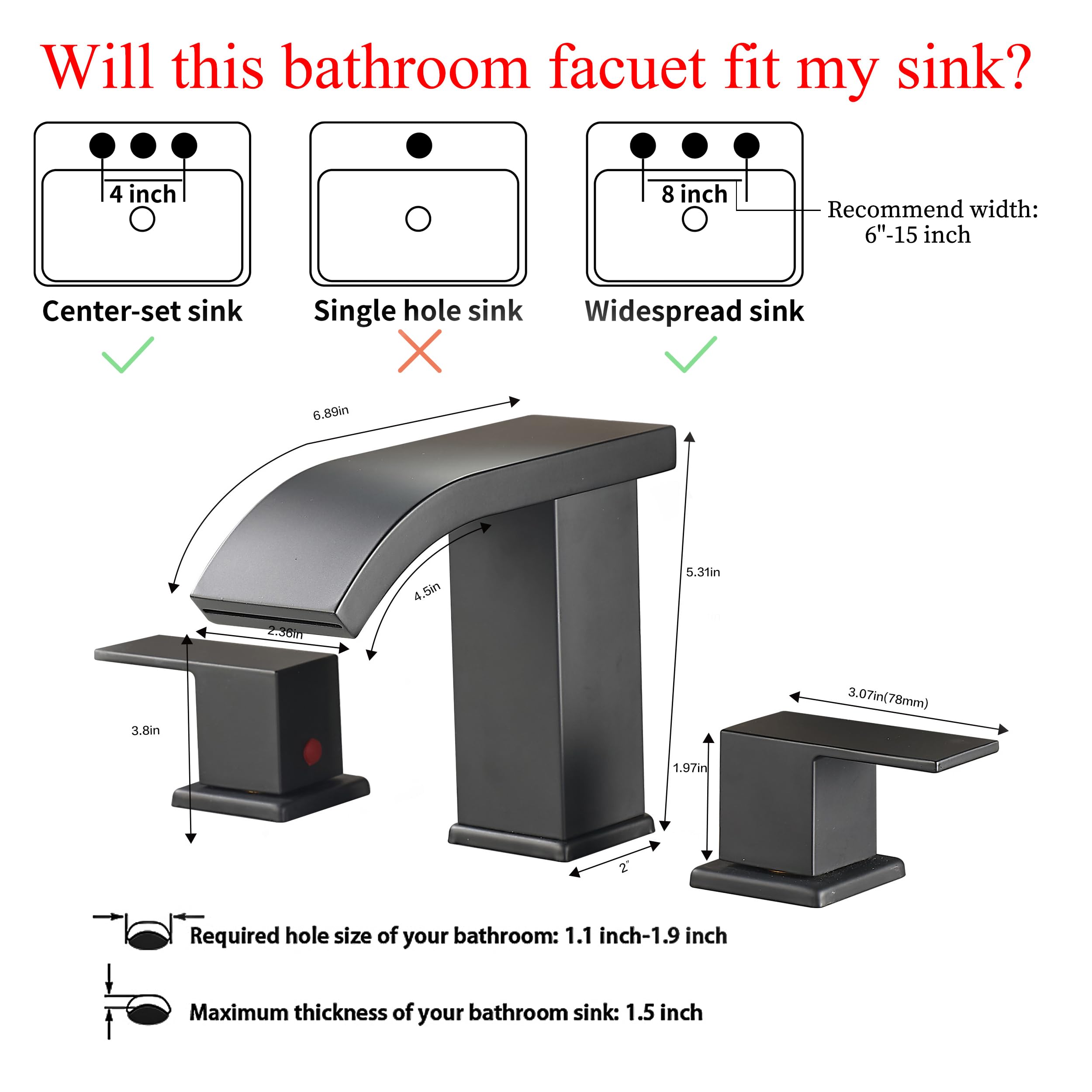 Matte Black 3 Hole Bathroom Faucet - Waterfall Design -3
