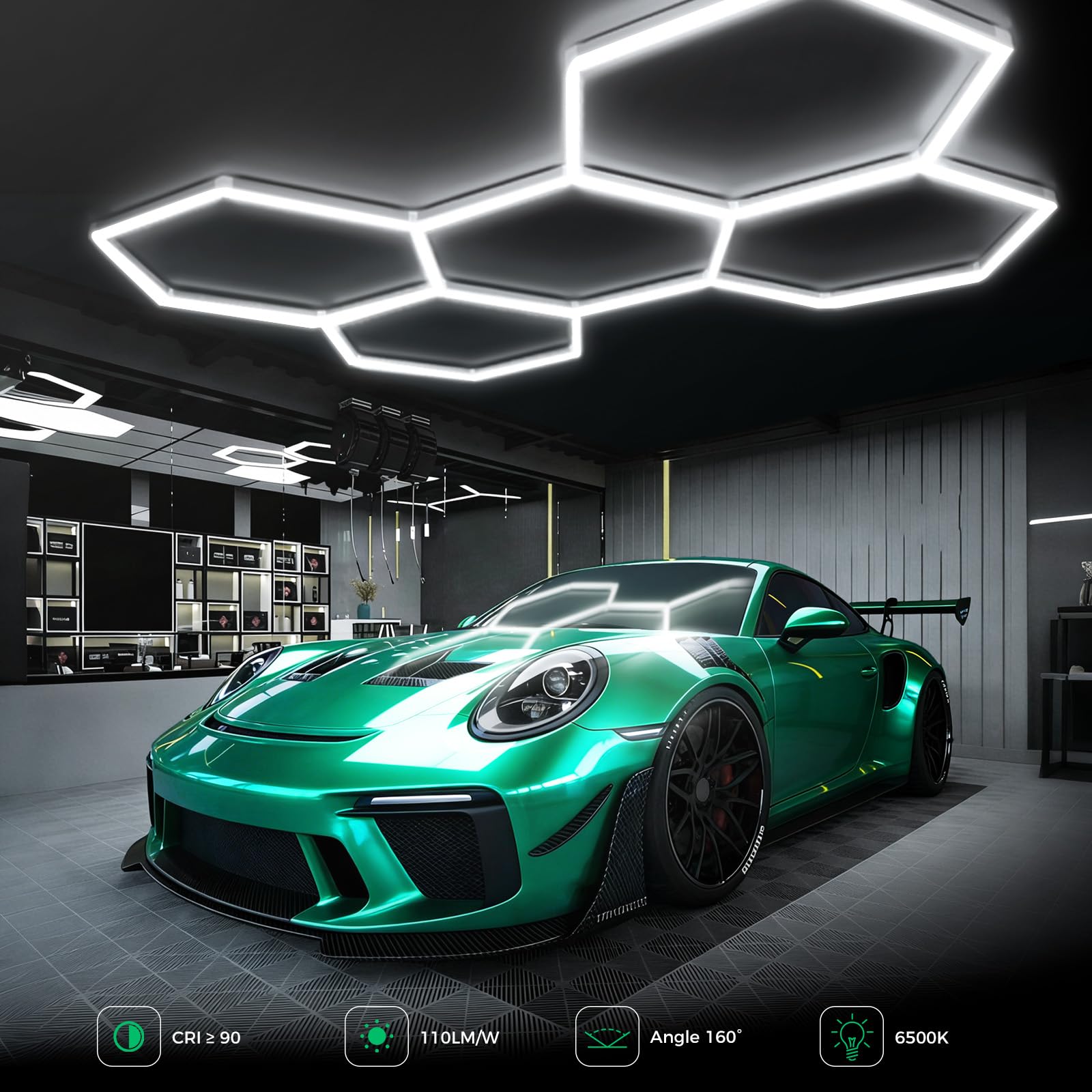 Plafoniera LED esagonale per garage 5 hex, 192W luci tubolari | 6500K 21120LM luci da soffitto DIY LED collegabili per dettagli auto magazzino seminterrato cura dell'auto lavanderia