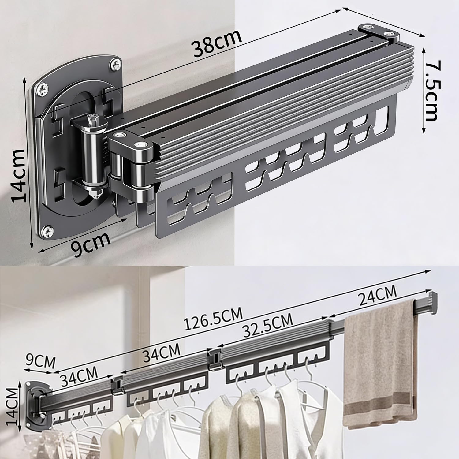 Retractable Wall-Mounted Clothes Airer, Three Tier Folding Clothes Airer, Free Rotatable Folding, Space-Saving, with Extendable Bar, Suitable for Balcony, Laundry Room, Bathroom, Super Strong Load