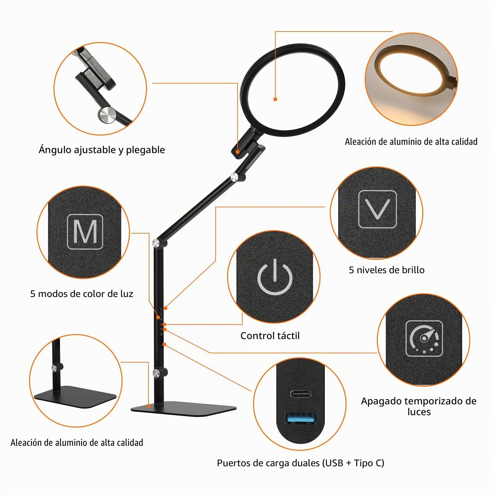 Comely led lámpara de mesa negro tacto Dimmbar 15W led lámpara de mesa nocturna con USB C función de carga 2700K–6000K Ra 97 lámpara de escritorio luz nocturna para dormitorio oficina salón