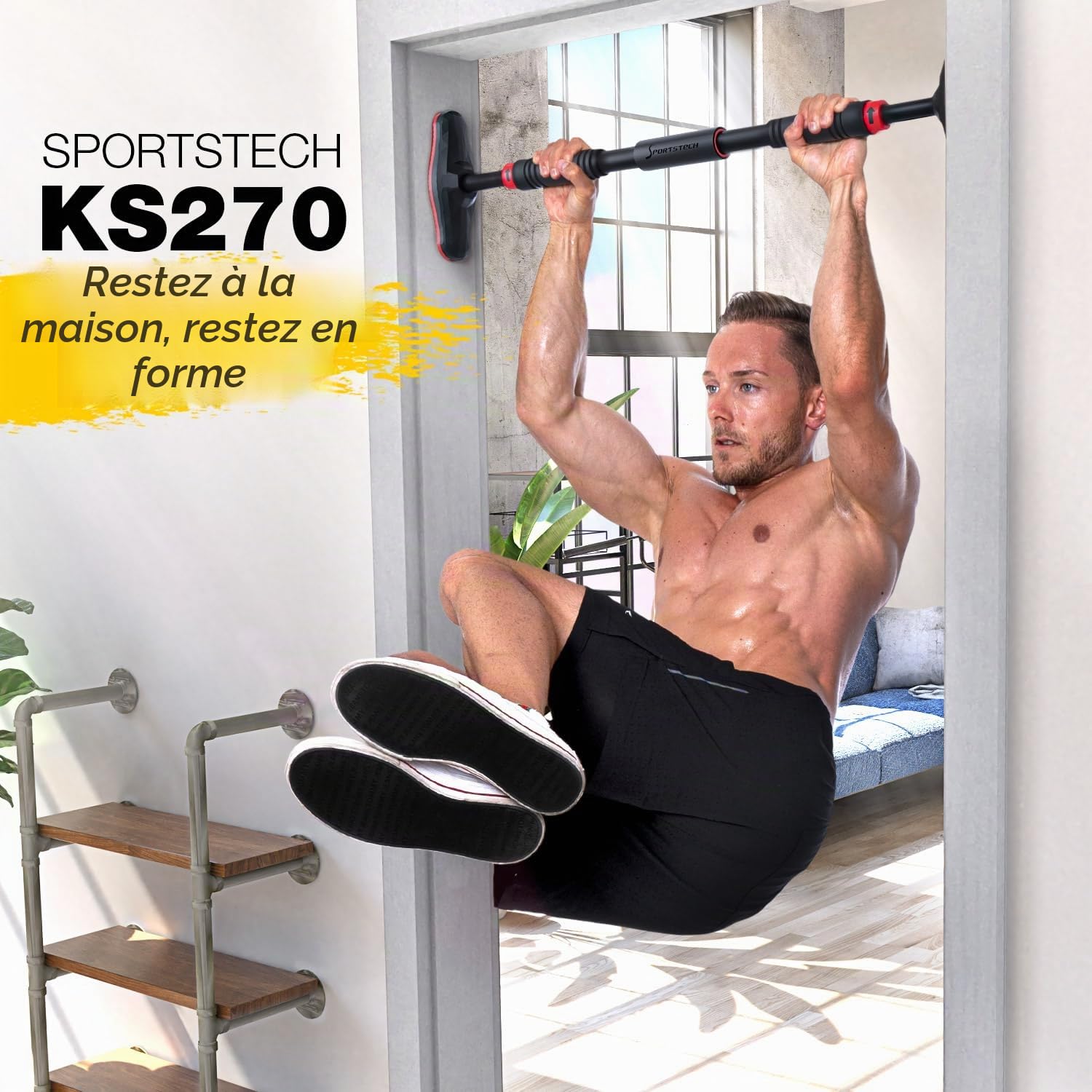 SPORTSTECH - Barre De Traction KS270 - Fitness, Musculation Et Renforcement Musculaire - Fixation Extra-Large par Pression avec Verrouillage De Sécurité Gear Lock - 70 À 90 cm - Rembourrage Mousse