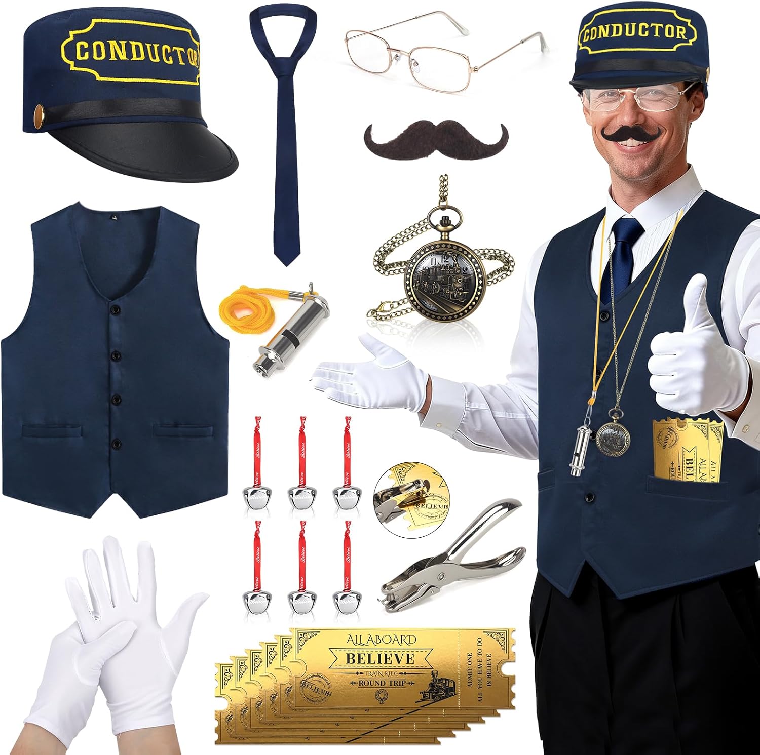 21 Pcs Train Conductor Costume Adult, Conductor Hat Vest Whistle, Believe Bells Train Pocket Watch Christmas Holiday Sticker