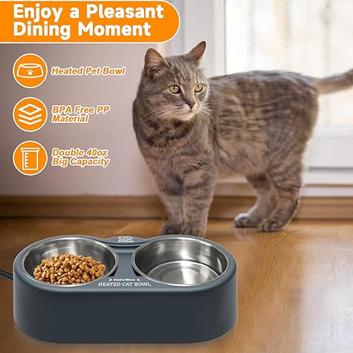 Miniatura 6 de Fuliuna Cuenco térmico para gatos, cuenco térmico para mascotas con doble tazón de acero inoxidable de 40 onzas, cuenco térmico para mascotas y