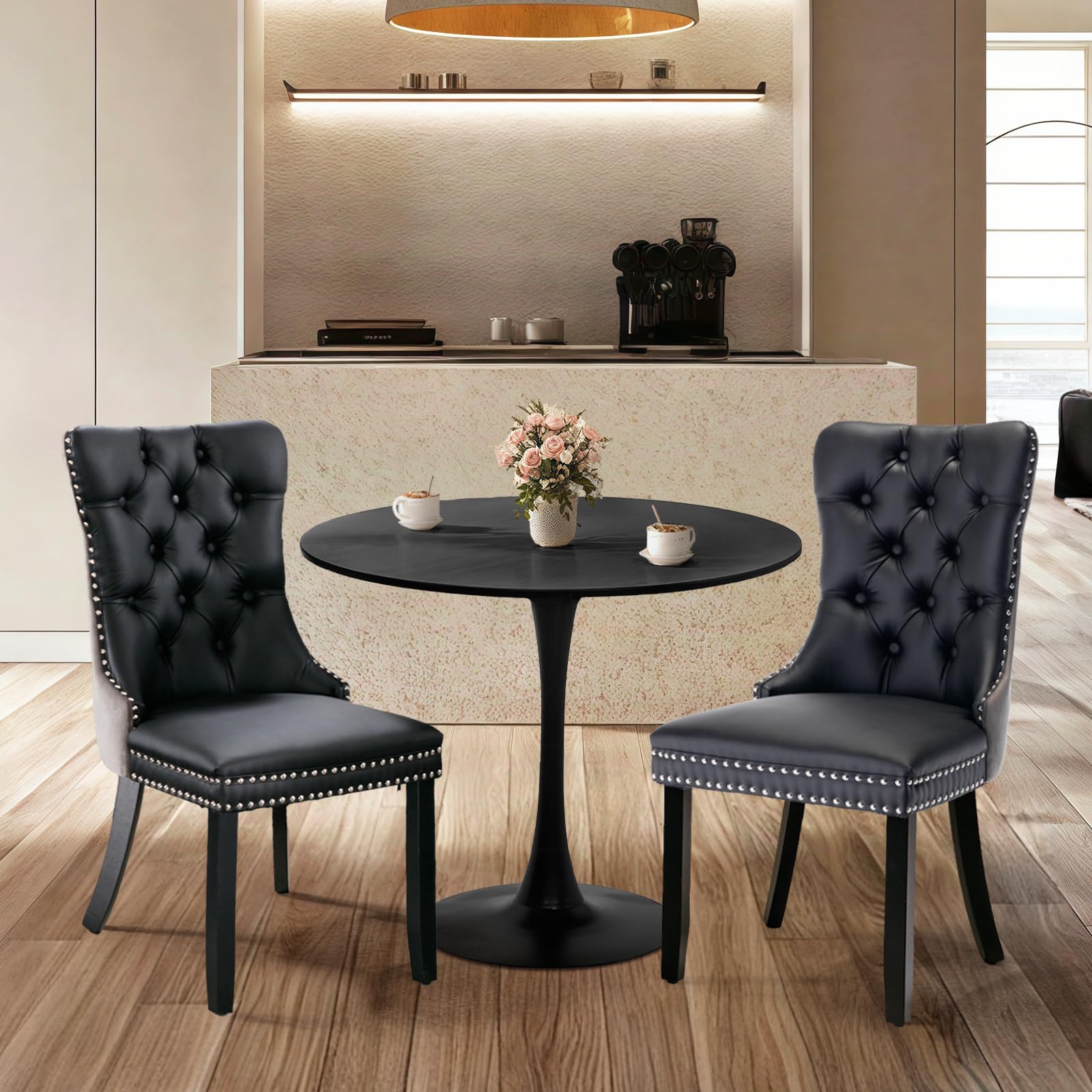 SoarFlash Kitchen Table and Chairs for 2, 24" Dining Table Set for 2 with Leather Upholstered Chairs, 3 Piece Round Kitchen Table Set, Dining Room