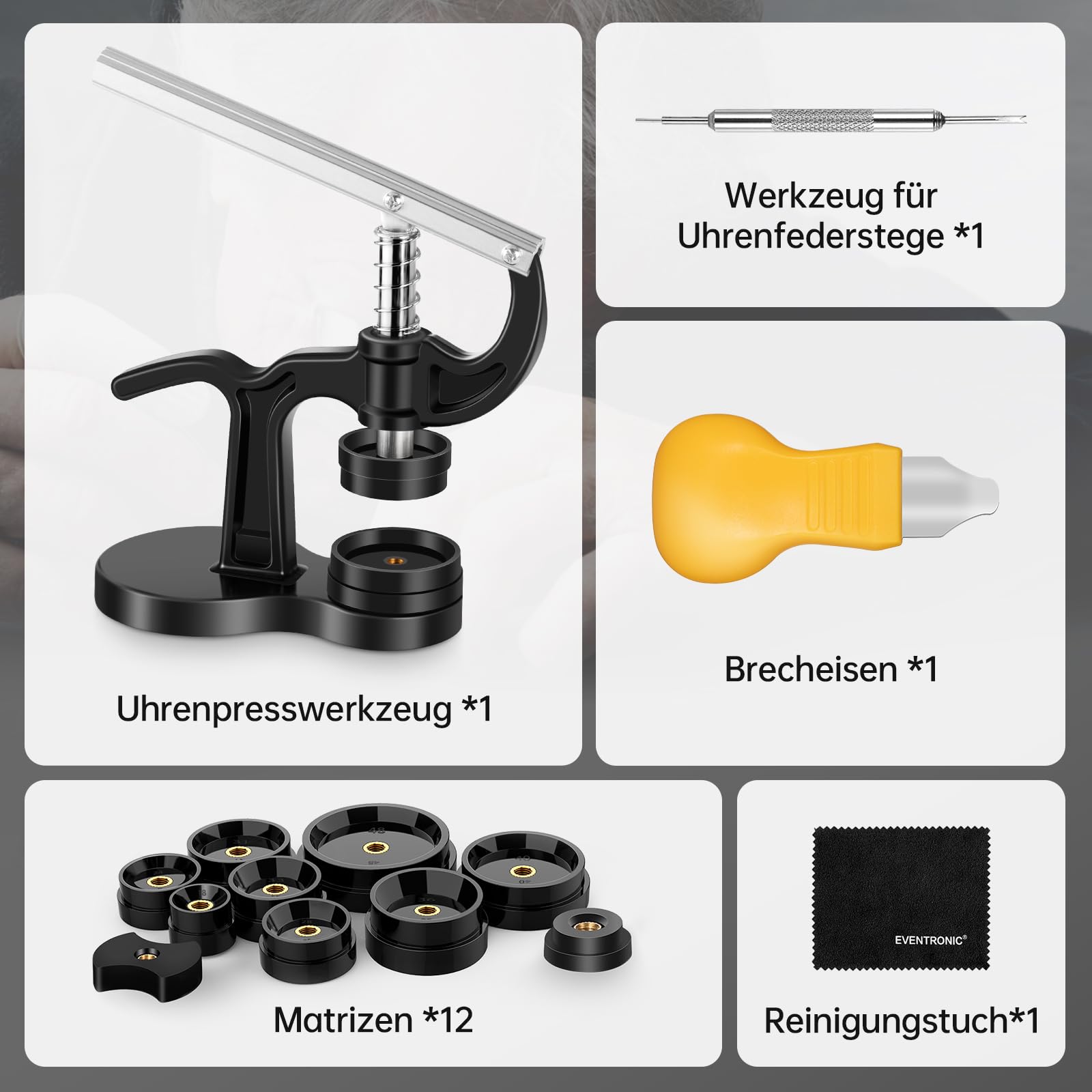 Eventronic Uhr Presse, Uhren Batteriewechsel Werkzeug, Uhrwerkzeug Einpresswerkzeug Uhrenschließer Gehäuseschließer Uhr Reparatur Werkzeug mit 12 Druckplatten Kunststoffeinsätze (16PCS)