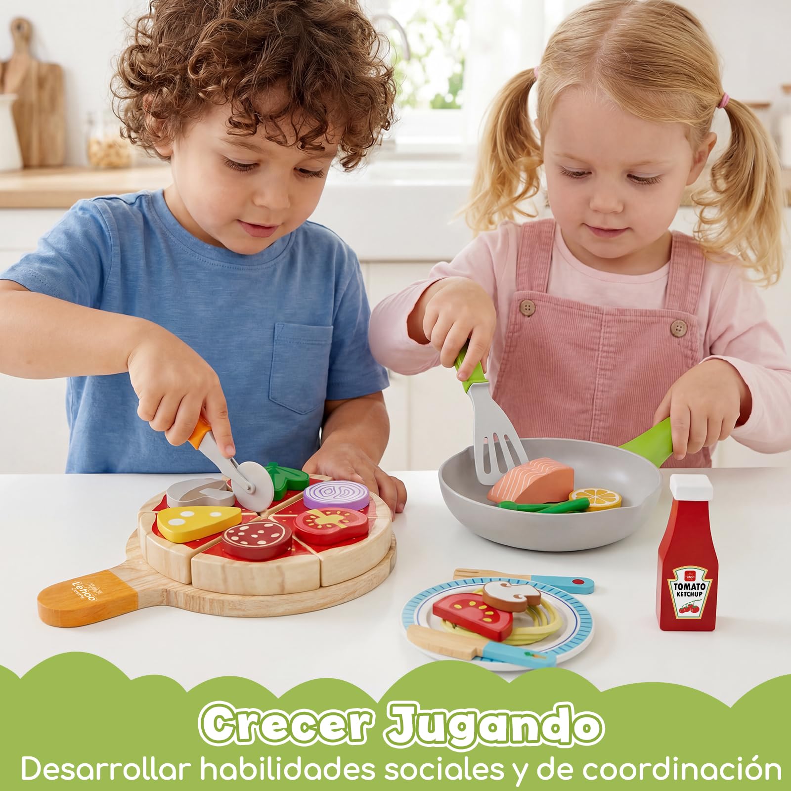 Lehoo Castle Comida Juguete Cocinita, Accesorios Cocina Juguetes, Pizza de Madera, Cocinita de Madera Infantil, Juguetes Niña 3 Años