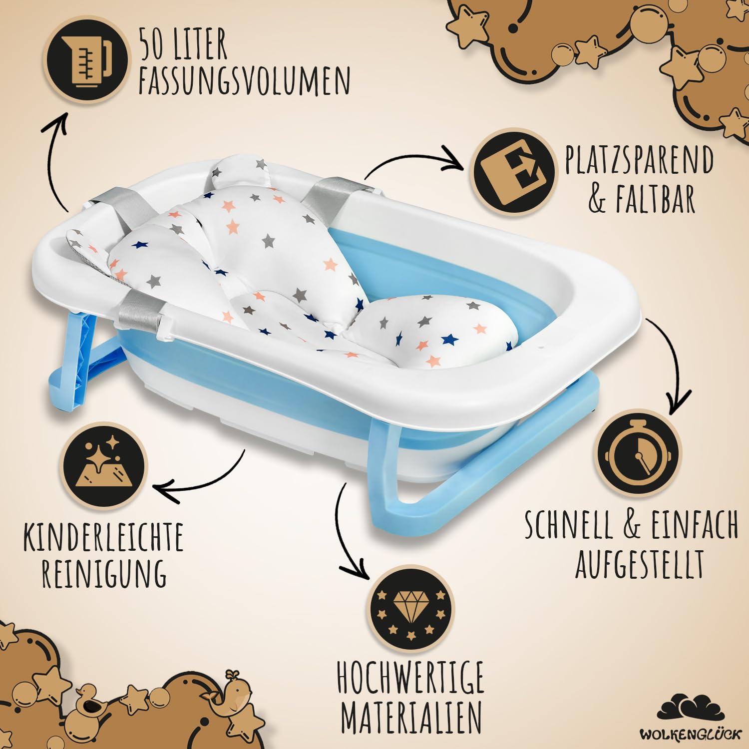 WOLKENGLÜCK® Faltbare Babybadewanne [50 Liter] - Platzsparende Baby Badewanne inkl. Thermometer, 4 Spielbällen & extra weichem Badekissen - Hochwertige Badewanne für Babys - BPA-frei