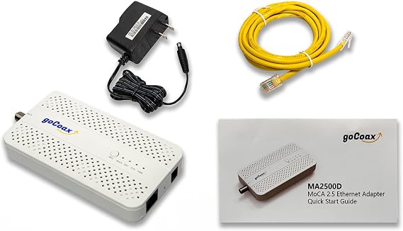 goCoax MoCA 2.5 Adapter with 2.5GbE Ethernet Port | MA2500D Ethernet Over Coax for Gaming & 4K Streaming | 2.5Gbps, Plug and Play | for Homes with Coaxial Cable Wiring - Requires 2+ Adapters (White)